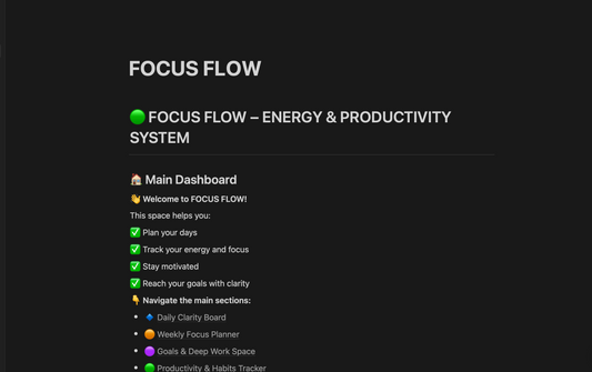 FOCUS FLOW – Digital Productivity System | Notion Template + ChatGPT Prompt Pack + Bonus Planner